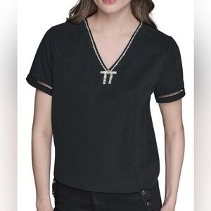 New Karl Lagerfeld Women’s Short Sleeve Black Blouse with Rhinestone Bow